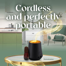 Cordless fragrance diffuser device with warm-lit top on a table