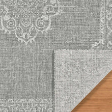 Indoor/outdoor rug edge close-up, gray weave with white patterned border