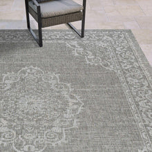 Indoor/outdoor rug detail, light gray field with white scrolling motifs