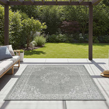 Indoor/outdoor rug, light gray with white ornate medallion and border pattern