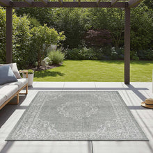 Gray indoor/outdoor rug with white ornate medallion pattern and border