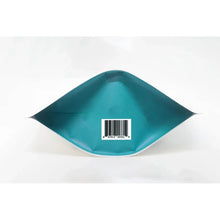 Whole bean coffee bag, teal side with barcode sticker