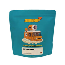 Whole bean coffee bag, teal Airship design with Buffalo Blend label