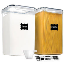 Airtight food storage canisters set with flour and pasta, clear lids and labels