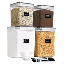 Clear canister set with oats, brown sugar, flour, and pasta, side-lock lids