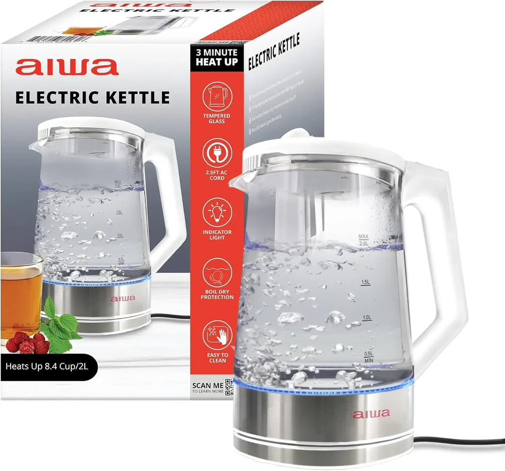 Aiwa 2-Liter Glass Electric Water Kettle, Cordless Hot Water Boiler with Auto-Shutoff, Black - USA MEGA SHOP
