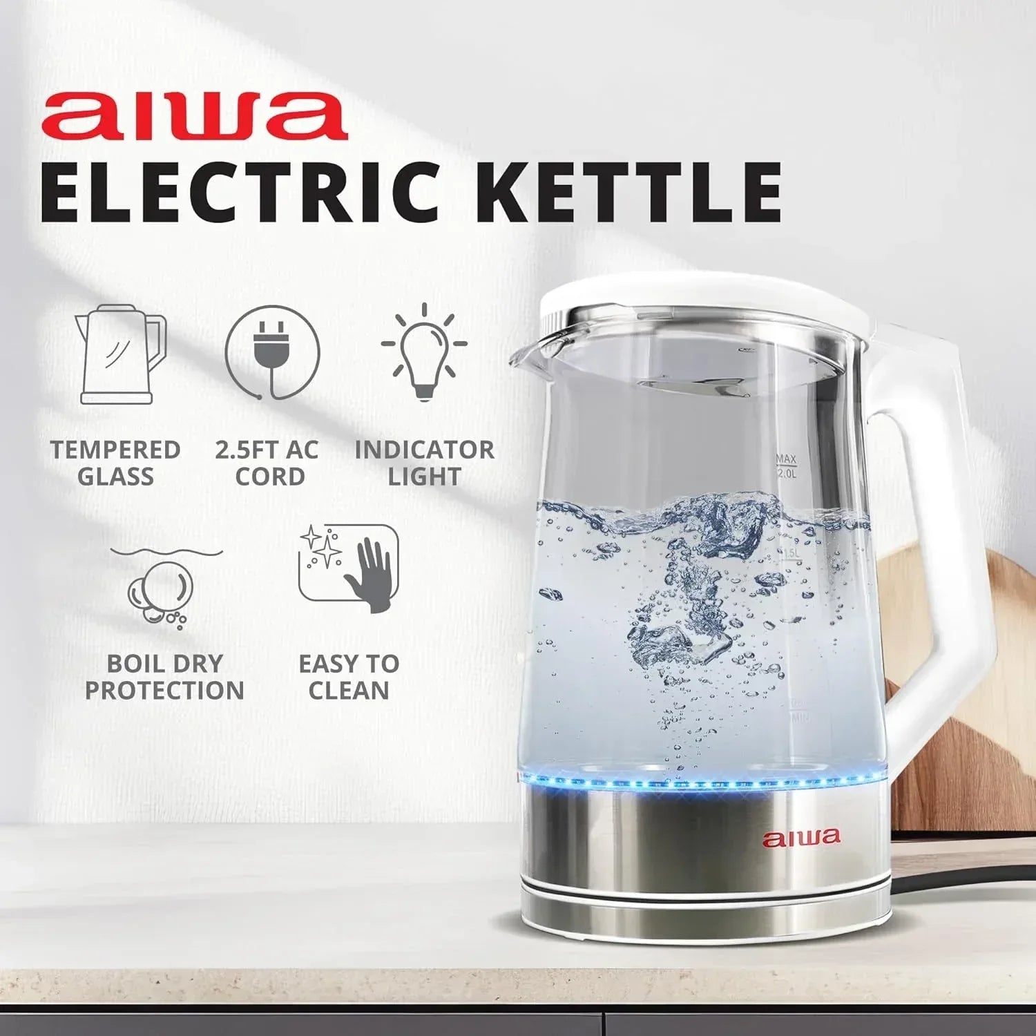 Aiwa 2-Liter Glass Electric Water Kettle, Cordless Hot Water Boiler with Auto-Shutoff, Black - USA MEGA SHOP