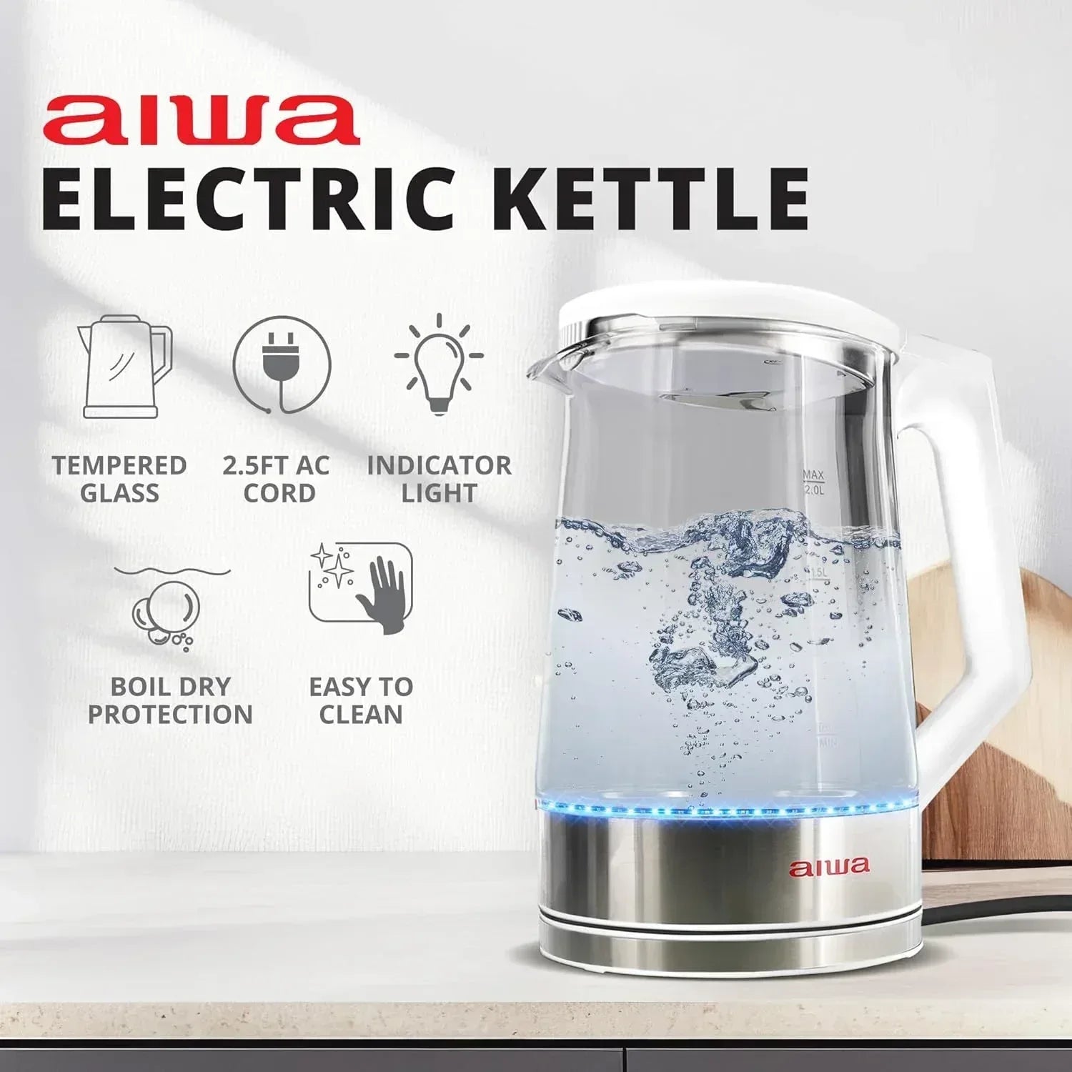 Aiwa 2-Liter Glass Electric Water Kettle, Cordless Hot Water Boiler with Auto-Shutoff, Black