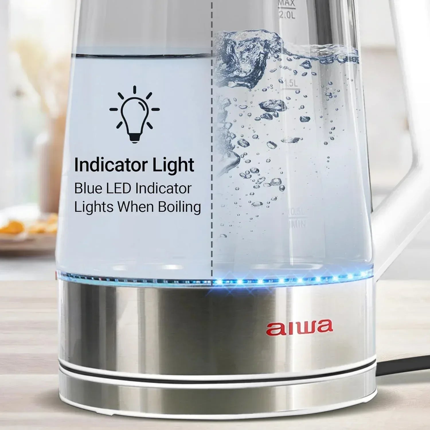 Aiwa 2-Liter Glass Electric Water Kettle, Cordless Hot Water Boiler with Auto-Shutoff, Black