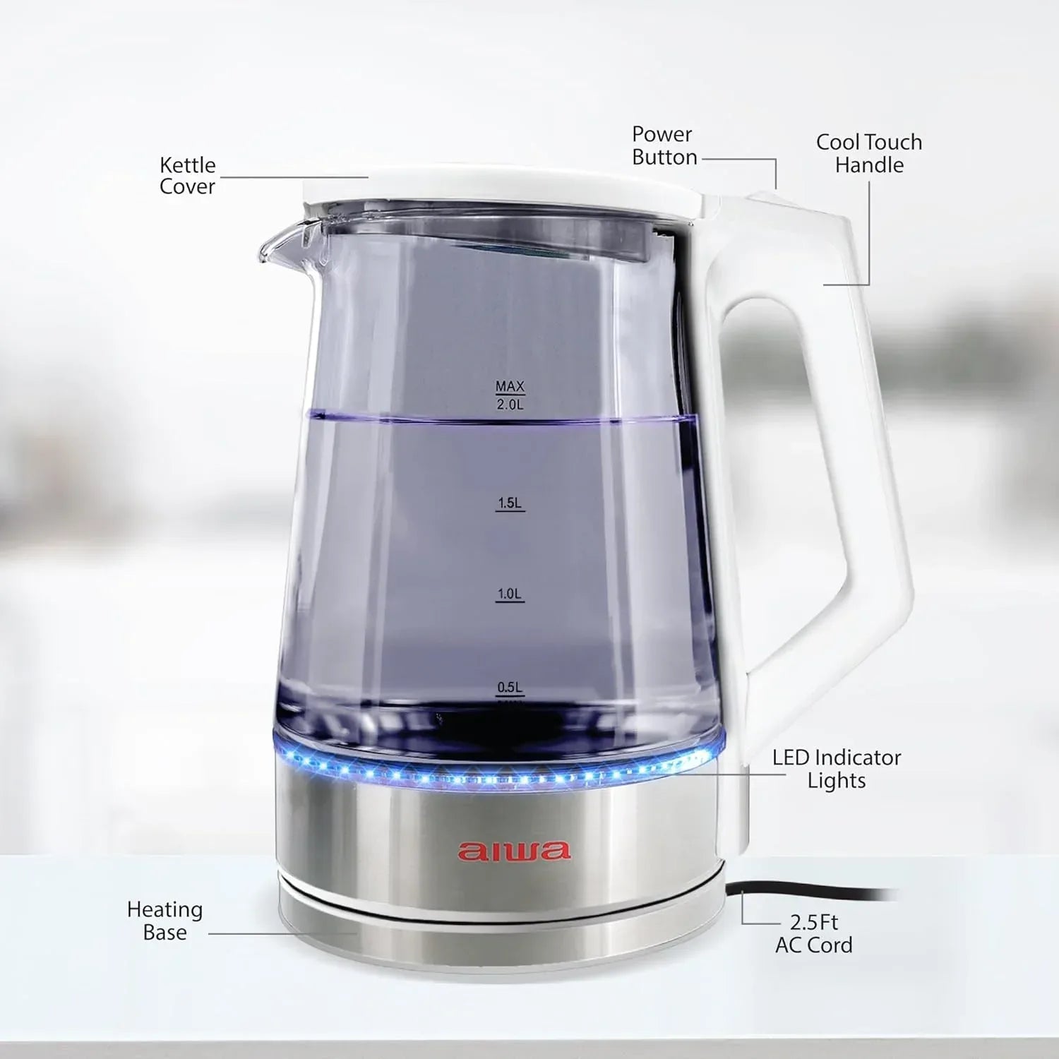 Aiwa 2-Liter Glass Electric Water Kettle, Cordless Hot Water Boiler with Auto-Shutoff, Black - USA MEGA SHOP