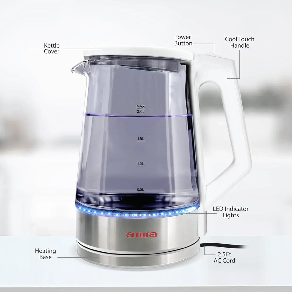 Aiwa 2-Liter Glass Electric Water Kettle, Cordless Hot Water Boiler with Auto-Shutoff, Black - USA MEGA SHOP