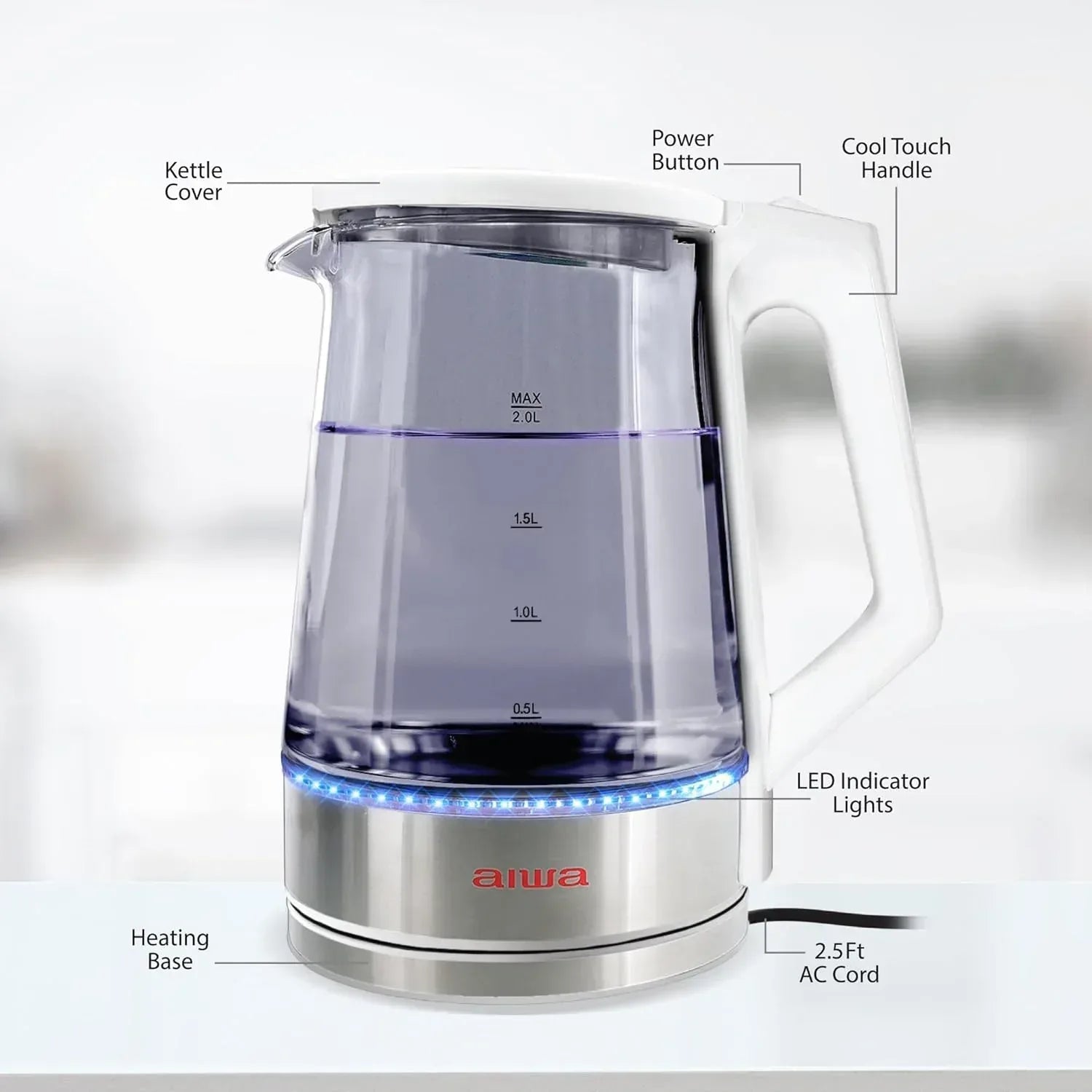 Aiwa 2-Liter Glass Electric Water Kettle, Cordless Hot Water Boiler with Auto-Shutoff, Black