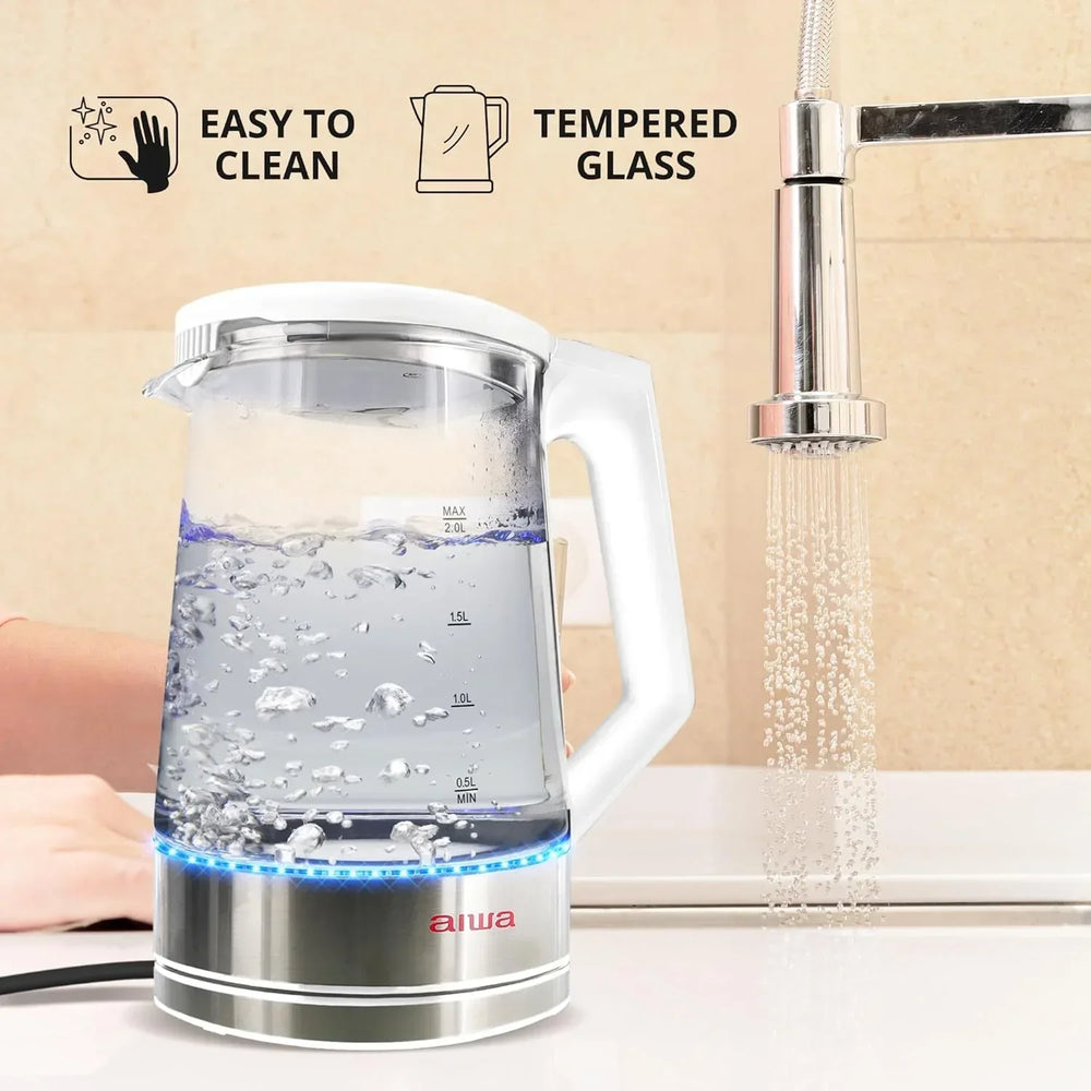 Aiwa 2-Liter Glass Electric Water Kettle, Cordless Hot Water Boiler with Auto-Shutoff, Black - USA MEGA SHOP