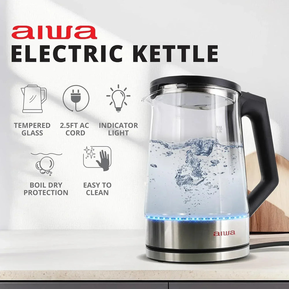 Aiwa 2-Liter Glass Electric Water Kettle, Cordless Hot Water Boiler with Auto-Shutoff, Black - USA MEGA SHOP