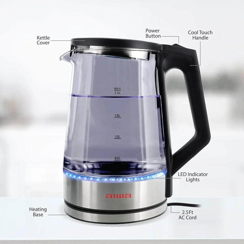 Aiwa 2-Liter Glass Electric Water Kettle, Cordless Hot Water Boiler with Auto-Shutoff, Black - USA MEGA SHOP