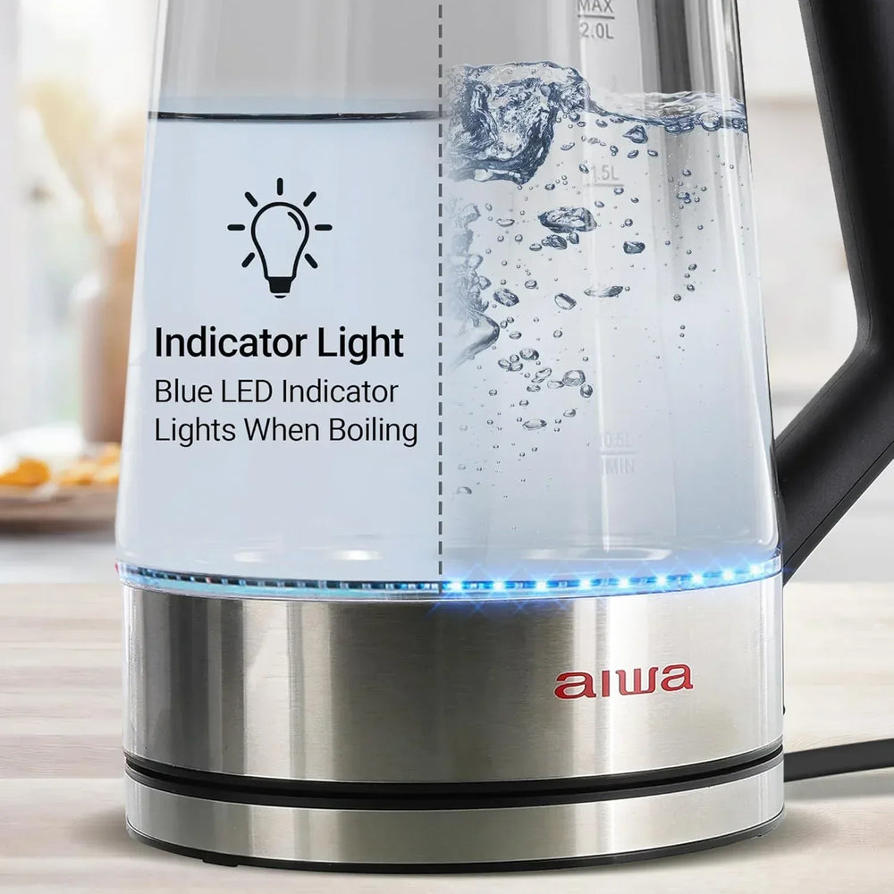 Aiwa 2-Liter Glass Electric Water Kettle, Cordless Hot Water Boiler with Auto-Shutoff, Black - USA MEGA SHOP