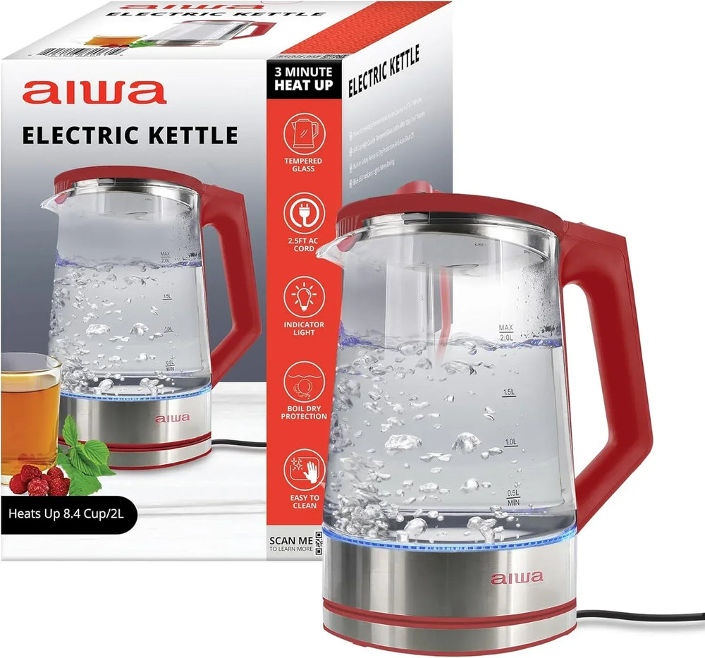 Aiwa 2-Liter Glass Electric Water Kettle, Cordless Hot Water Boiler with Auto-Shutoff, Black - USA MEGA SHOP