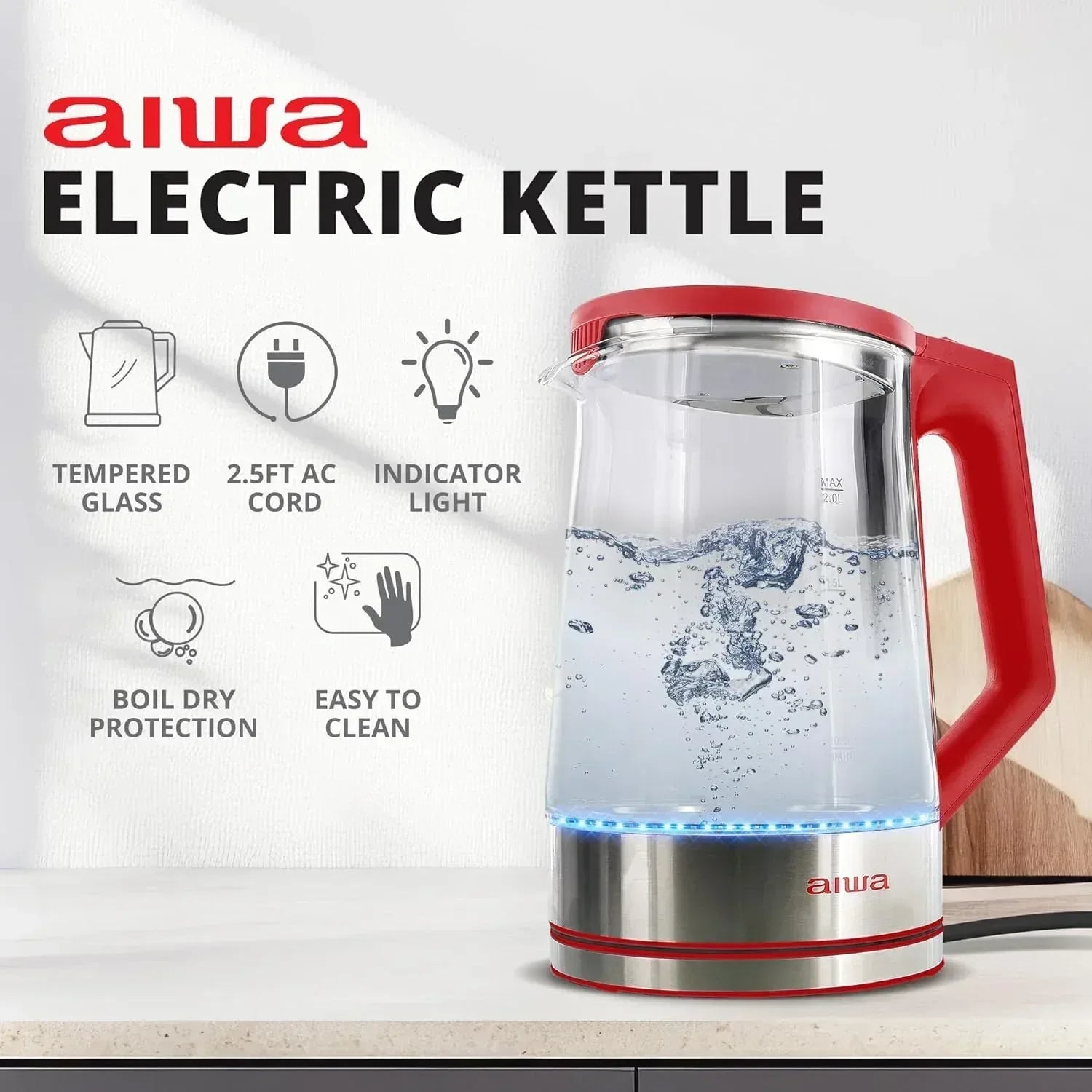Aiwa 2-Liter Glass Electric Water Kettle, Cordless Hot Water Boiler with Auto-Shutoff, Black
