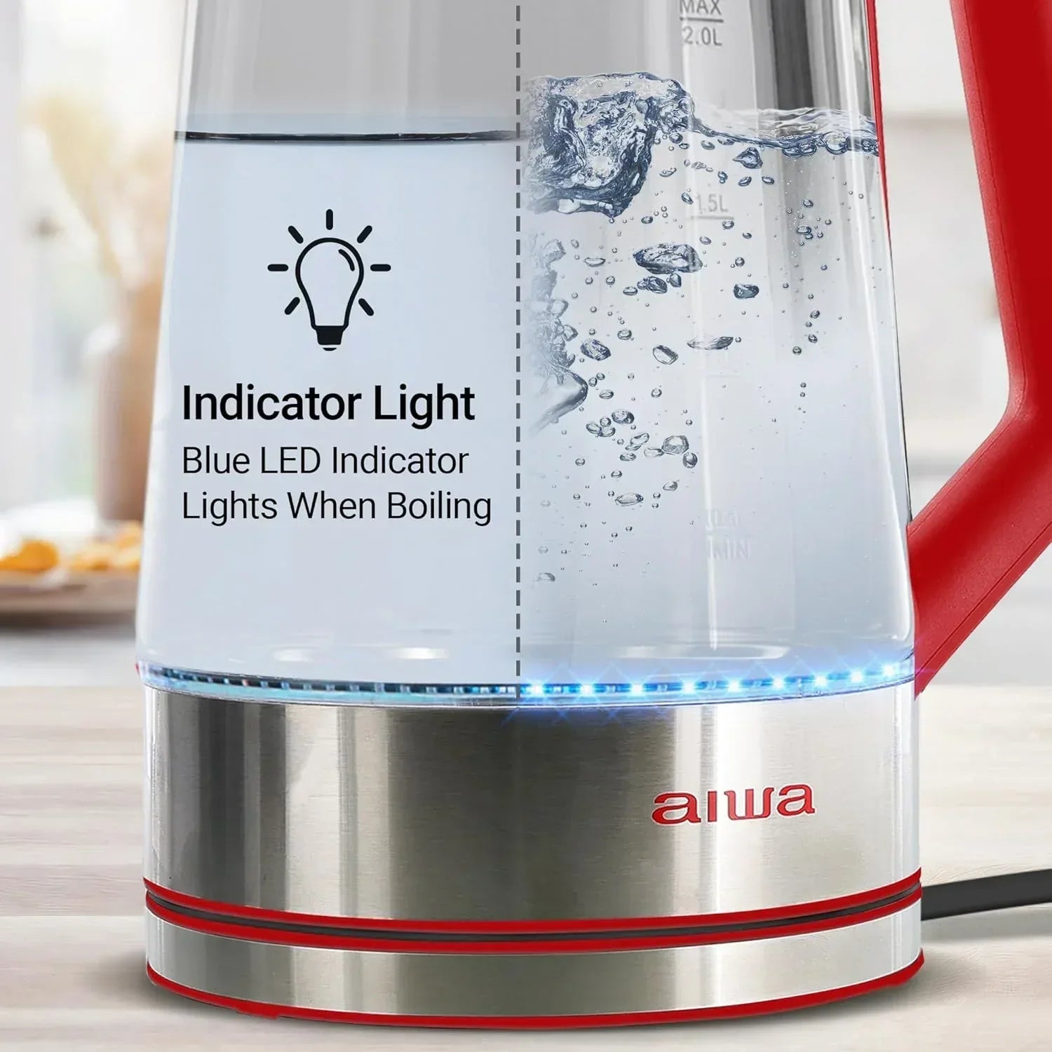 Aiwa 2-Liter Glass Electric Water Kettle, Cordless Hot Water Boiler with Auto-Shutoff, Black