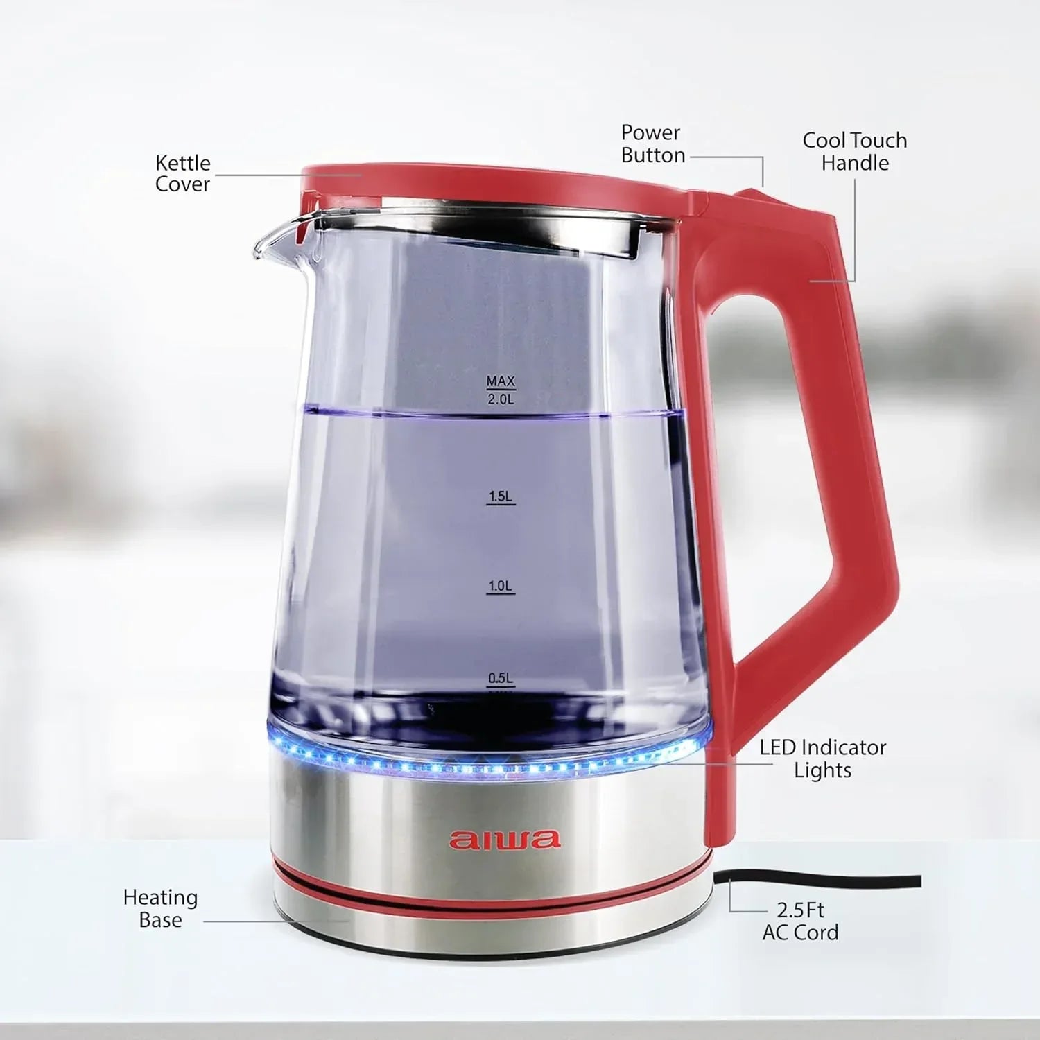 Aiwa 2-Liter Glass Electric Water Kettle, Cordless Hot Water Boiler with Auto-Shutoff, Black - USA MEGA SHOP