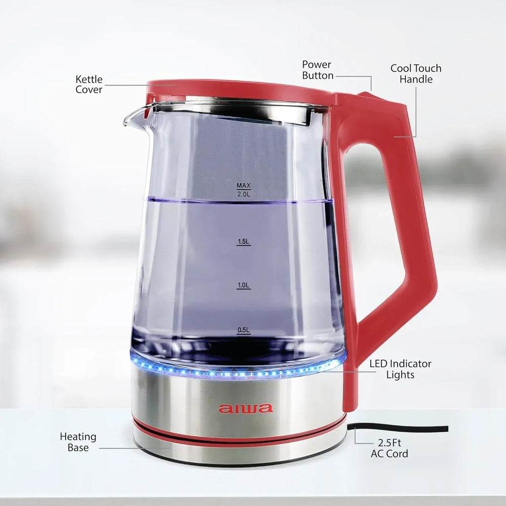 Aiwa 2-Liter Glass Electric Water Kettle, Cordless Hot Water Boiler with Auto-Shutoff, Black - USA MEGA SHOP