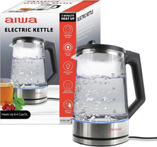 Black glass electric kettle with handle and blue LED water heating ring
