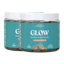 Sea moss & pearl powder glow gummies in plastic jar, teal label, 60 gummies