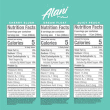 Nutrition facts for mini energy drinks: cherry slush, dream float, juicy peach