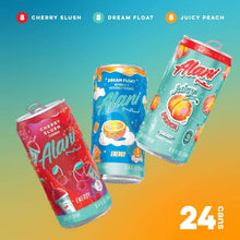 Assorted mini energy drink cans: cherry slush, dream float, juicy peach