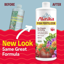 Alaska fish fertilizer bottle, shown side-by-side before and after label