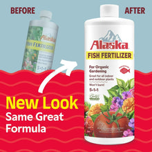 Alaska fish fertilizer bottle with new-look packaging, shown before and after views.