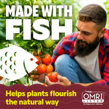Fish fertilizer promotional card with gardener holding tomatoes among leafy plants.