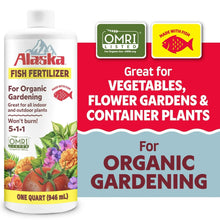 Alaska Fish Fertilizer quart container with OMRI Listed and made-with-fish badges