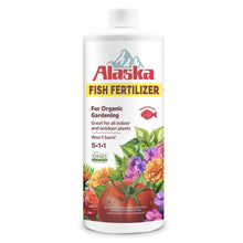 Alaska fish fertilizer bottle with organic gardening label and OMRI listed badge