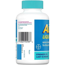 Aleve liquid gels bottle back label with barcode and directions, teal cap