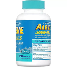 Aleve liquid gels bottle, teal cap, strength to last 12 hours, front label
