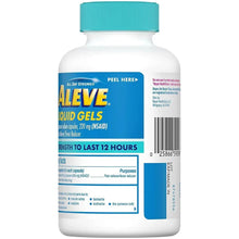 Aleve liquid gels bottle back panel with barcode, teal cap, peel here