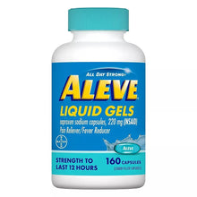 Aleve liquid gels bottle, teal cap, 160 capsules, front label