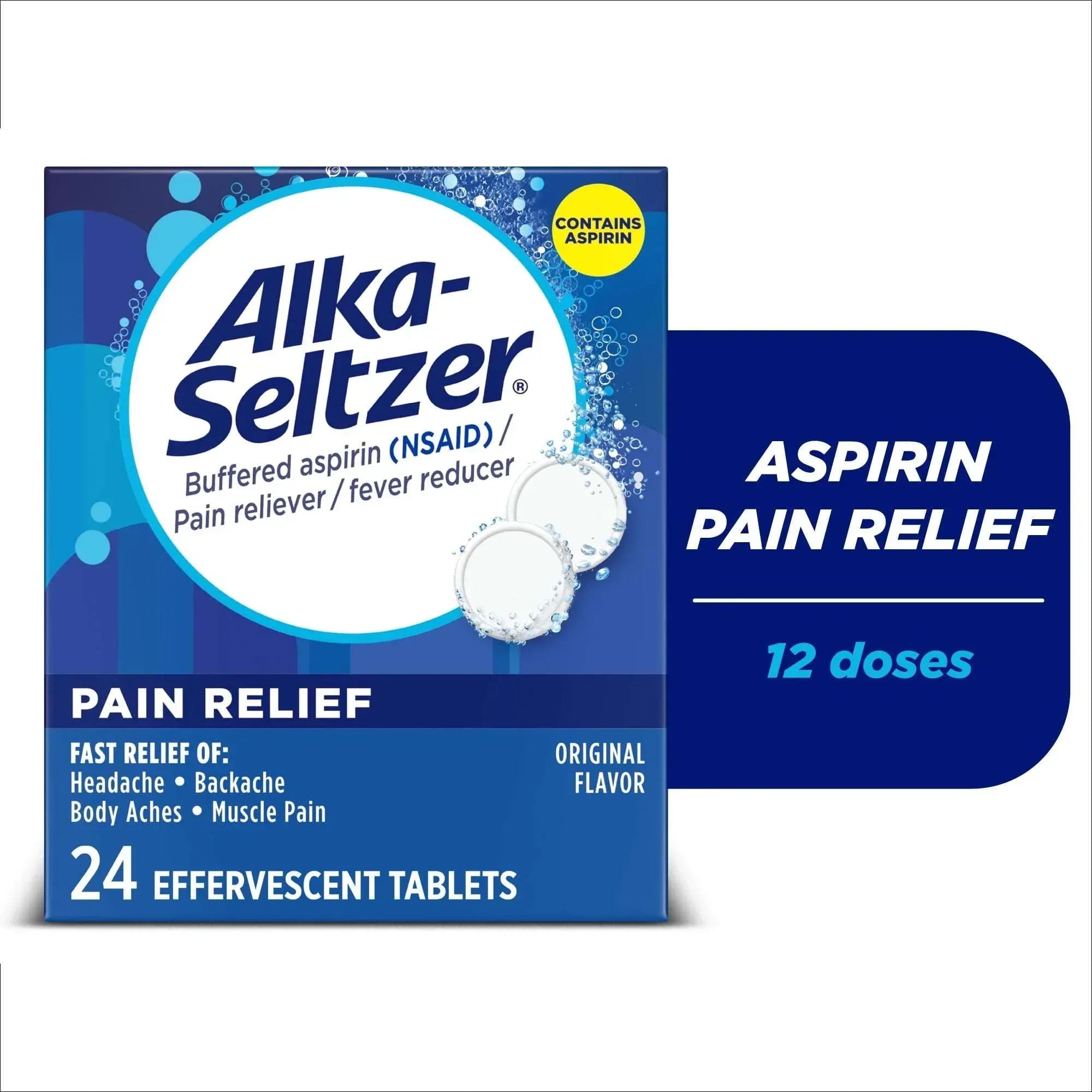 Alka-Seltzer Pain Relief Aspirin Effervescent Tablets, Package May Vary, 24 Count