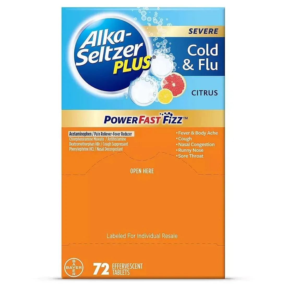 Alka-Seltzer Plus Severe Cold & Flu PowerFast Fizz Citrus Effervescent Tablets, 72 Count