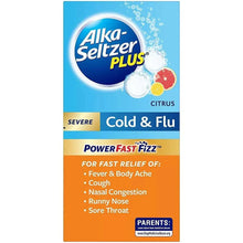 Alka-Seltzer Plus severe cold & flu citrus tablets box with fast relief list