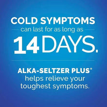 Alka-Seltzer Plus cold symptoms info panel with 14 days text
