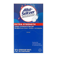 Alka-Seltzer Extra Strength effervescent antacid tablet box with 72-count label