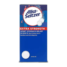 Alka-Seltzer Extra Strength effervescent antacid tablet box, actual-size tablet shown