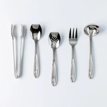 Stainless steel kitchen tool set: spoon, slotted spoon, tongs, fork, ladle