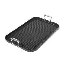 Black ribbed nonstick grill griddle with two metal lifting handles