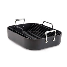 Black nonstick roaster pan with metal rack and side handles