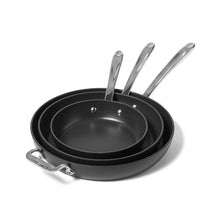 3-piece nonstick skillet set: black pans with silver handles, nested