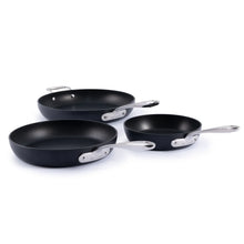 3-piece nonstick skillet set: three black pans with silver handles