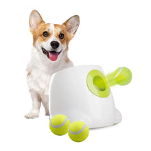 Mini automatic tennis ball launcher with lime green chute and three lime tennis balls